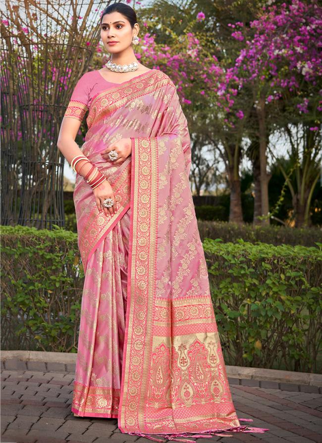 Satin Silk Light Pink Festival Wear Weaving Saree